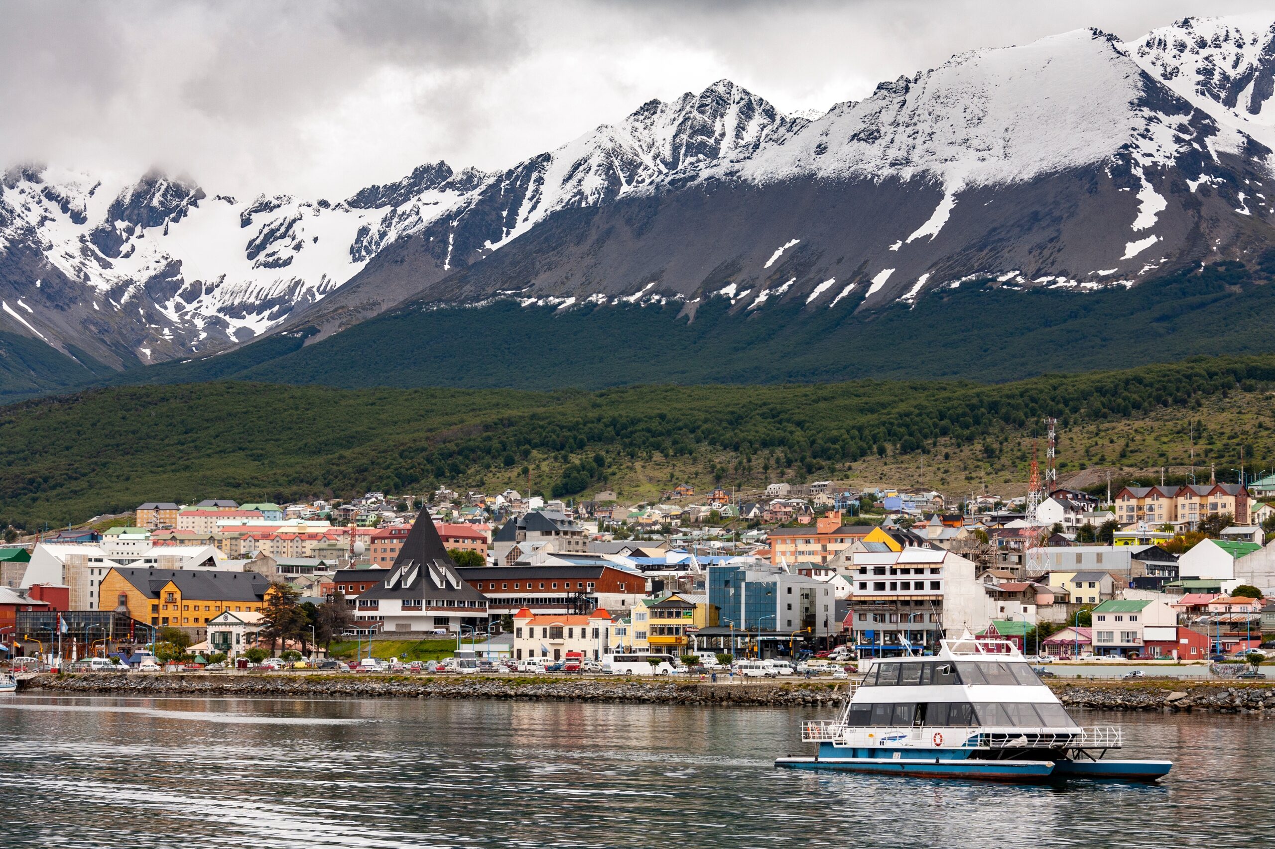 Port of Ushuaia in the Beagle Channel in Tierra del Fuego in southern Argentina. Ushuaia is the world's most southern town and is now a popular departure point for Antarctic cruise ships.